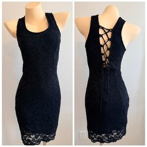 Rampage VTG 90s Y2K Stretch Lace Corset Tie Back Black Mini Dress S